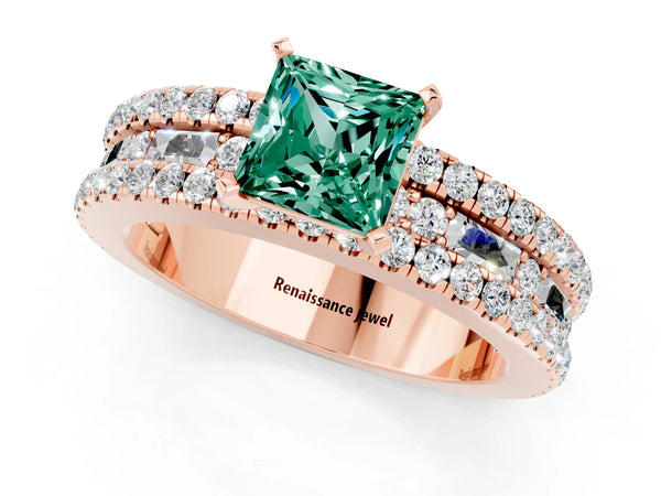 Rose gold Princess Cut Green Sapphire Solitaire Ring with Pavé and Channel Set Band