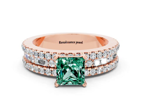 Rose gold Princess Cut Green Sapphire Solitaire Ring with Pavé and Channel Set Band