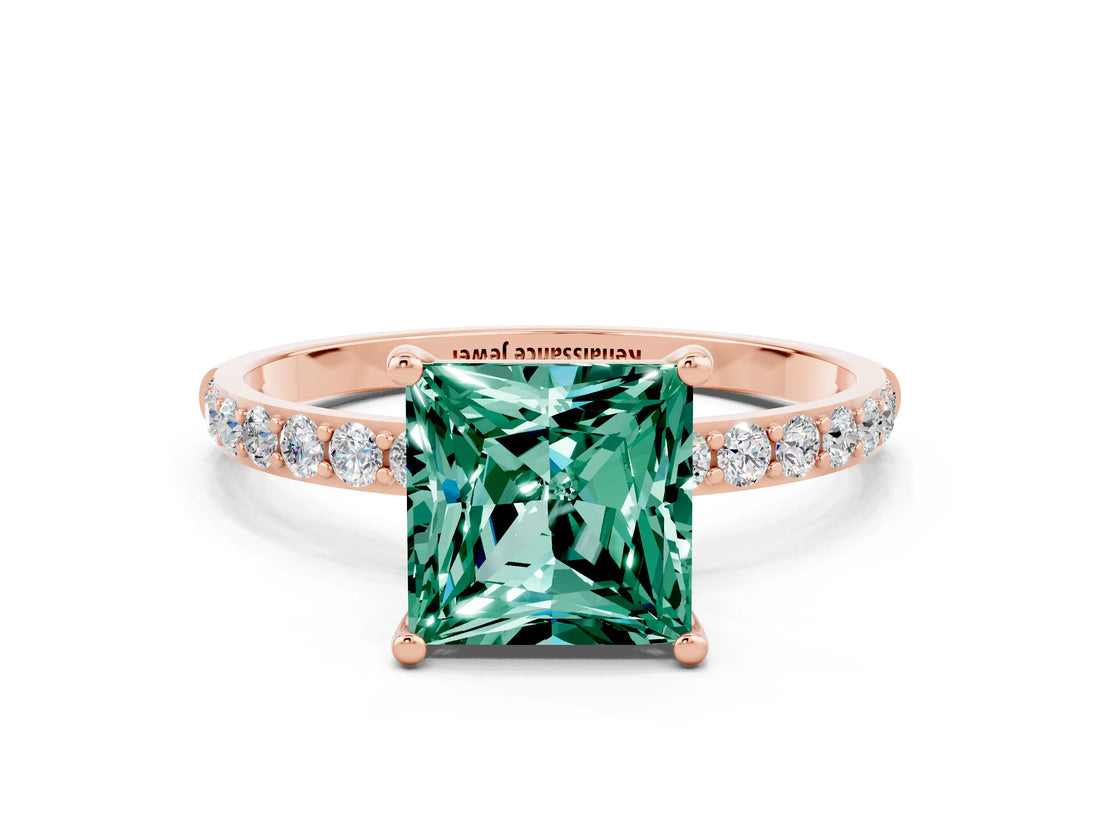 Rose gold Princess Cut Green Sapphire Solitaire Ring with Pave Band and Four Prong Setting_12