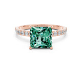 Rose gold Princess Cut Green Sapphire Solitaire Ring with Pave Band and Four Prong Setting_12