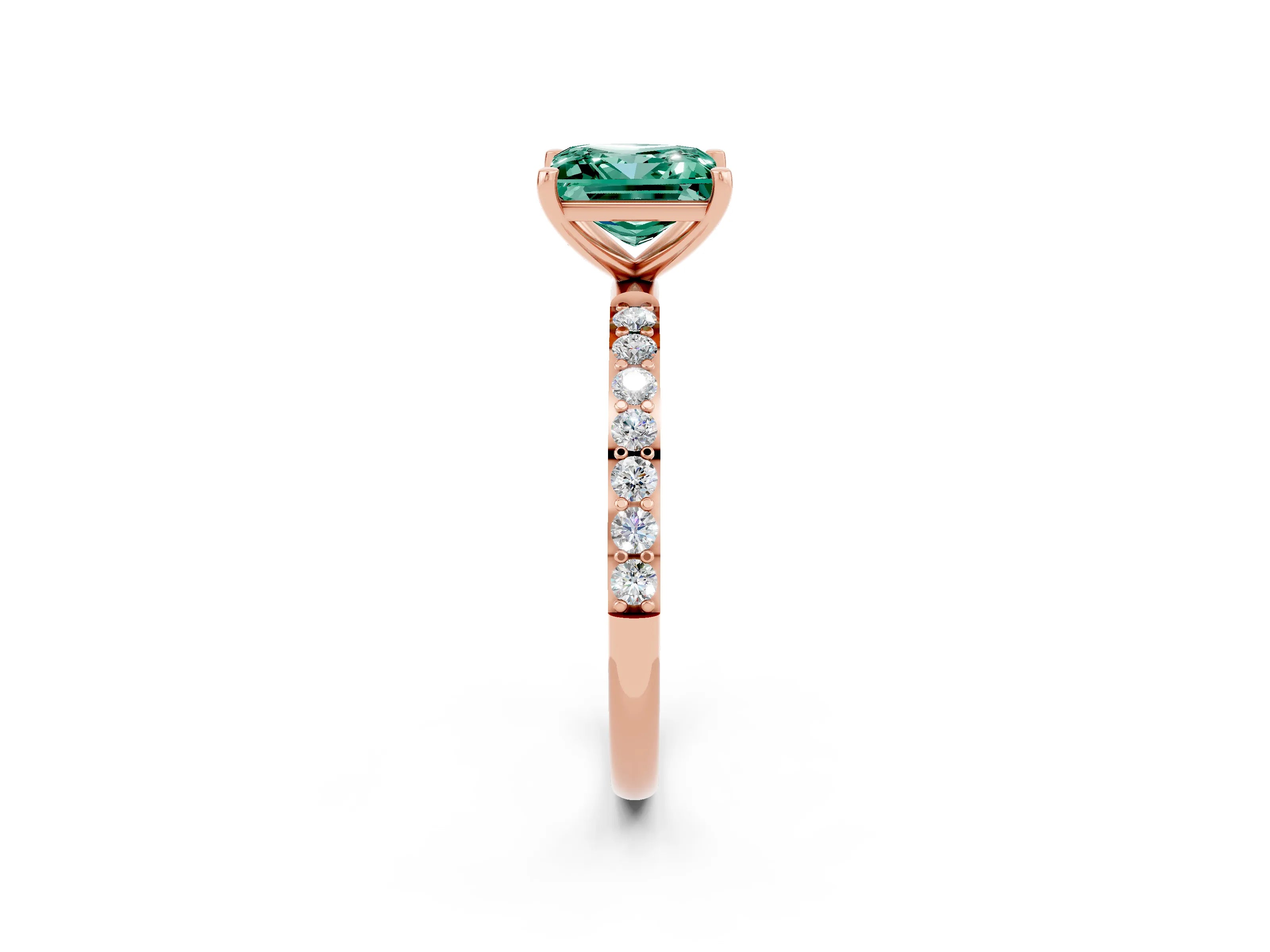 Rose gold Princess Cut Green Sapphire Solitaire Ring with Pave Band and Four Prong Setting_14