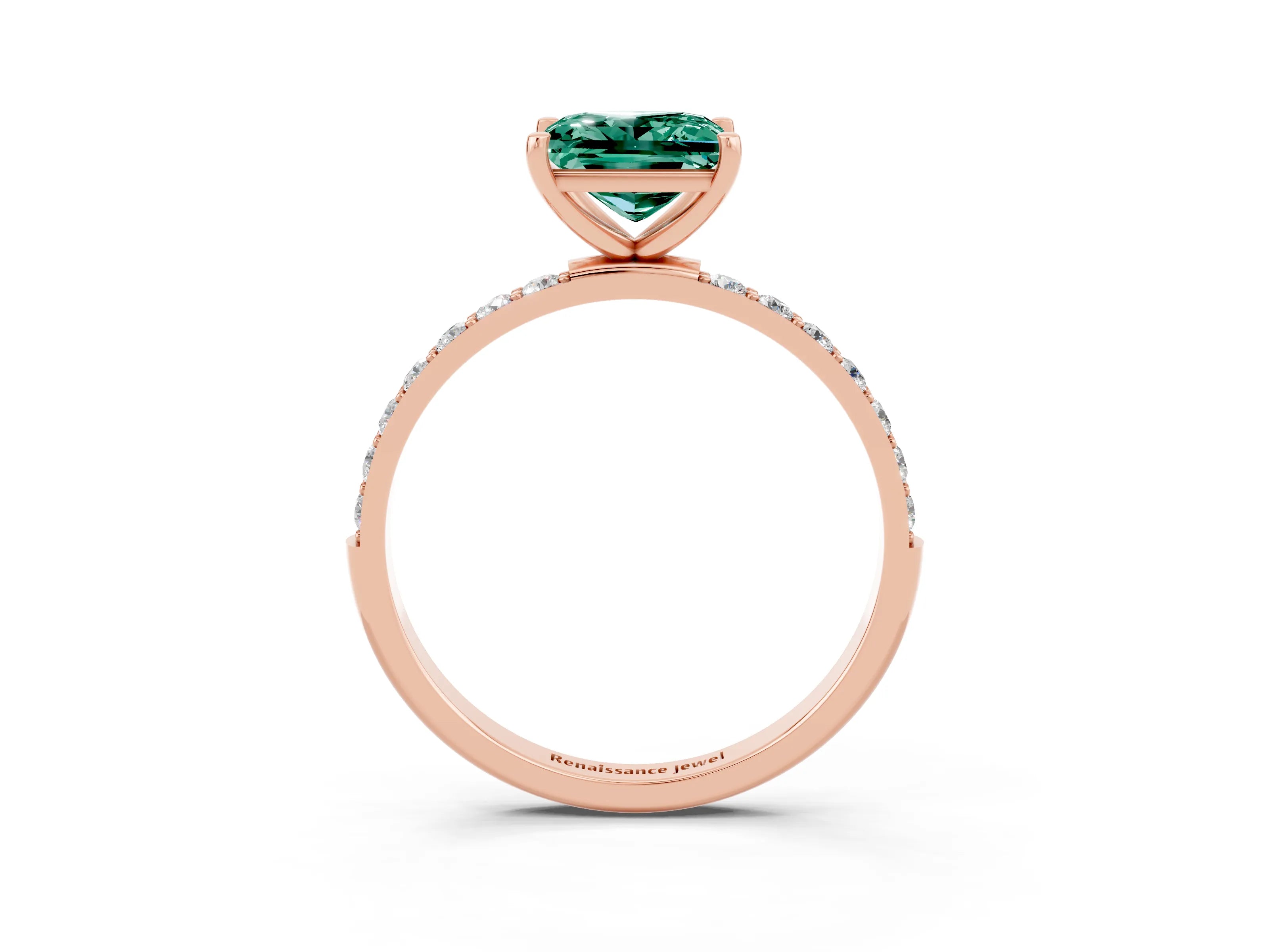 Rose gold Princess Cut Green Sapphire Solitaire Ring with Pave Band and Four Prong Setting_15