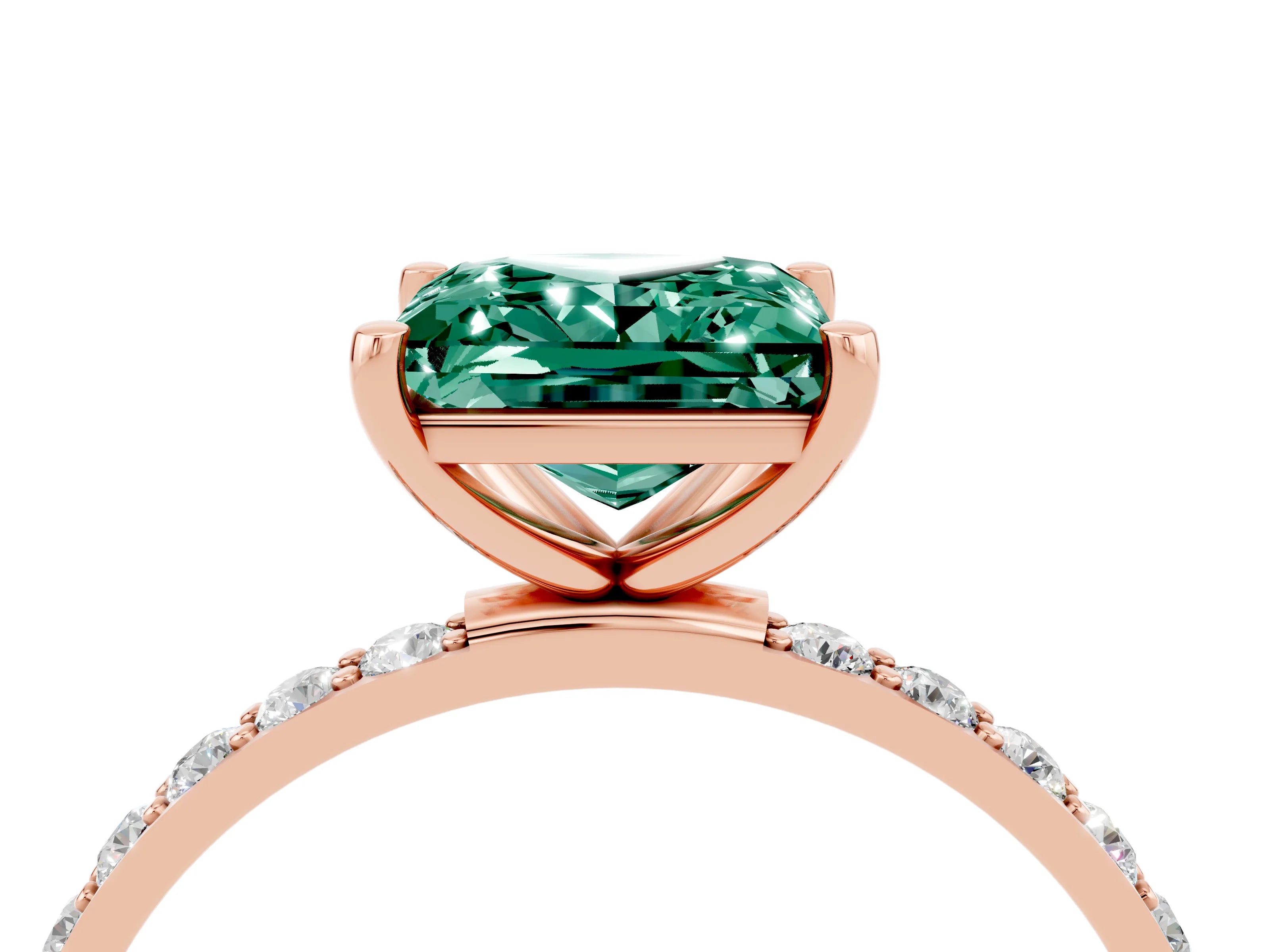 Rose gold Princess Cut Green Sapphire Solitaire Ring with Pave Band and Four Prong Setting_16