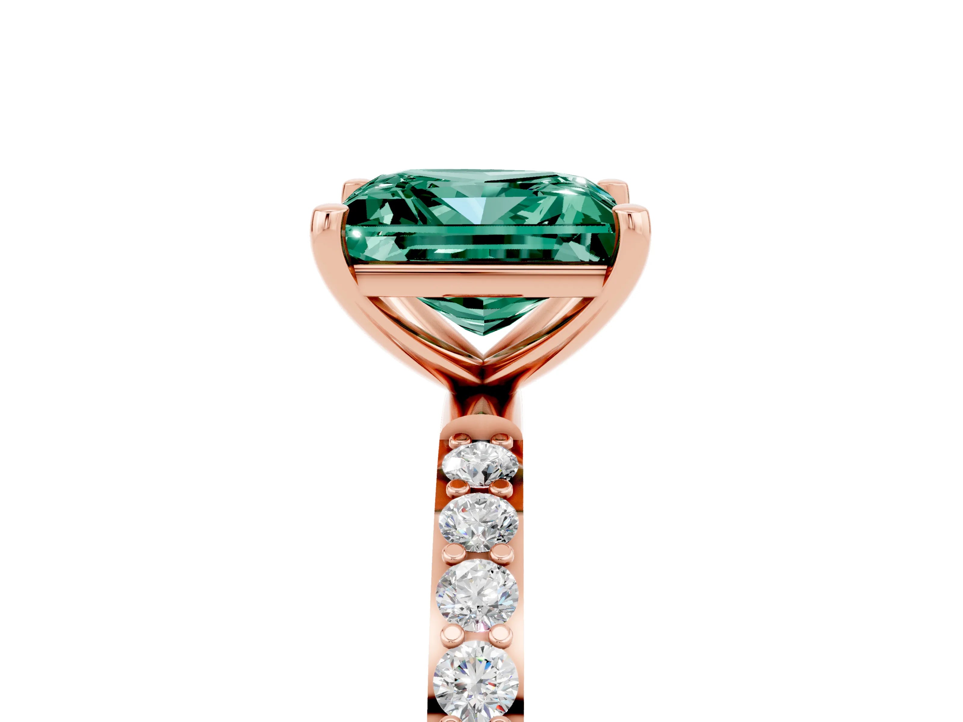 Rose gold Princess Cut Green Sapphire Solitaire Ring with Pave Band and Four Prong Setting_17