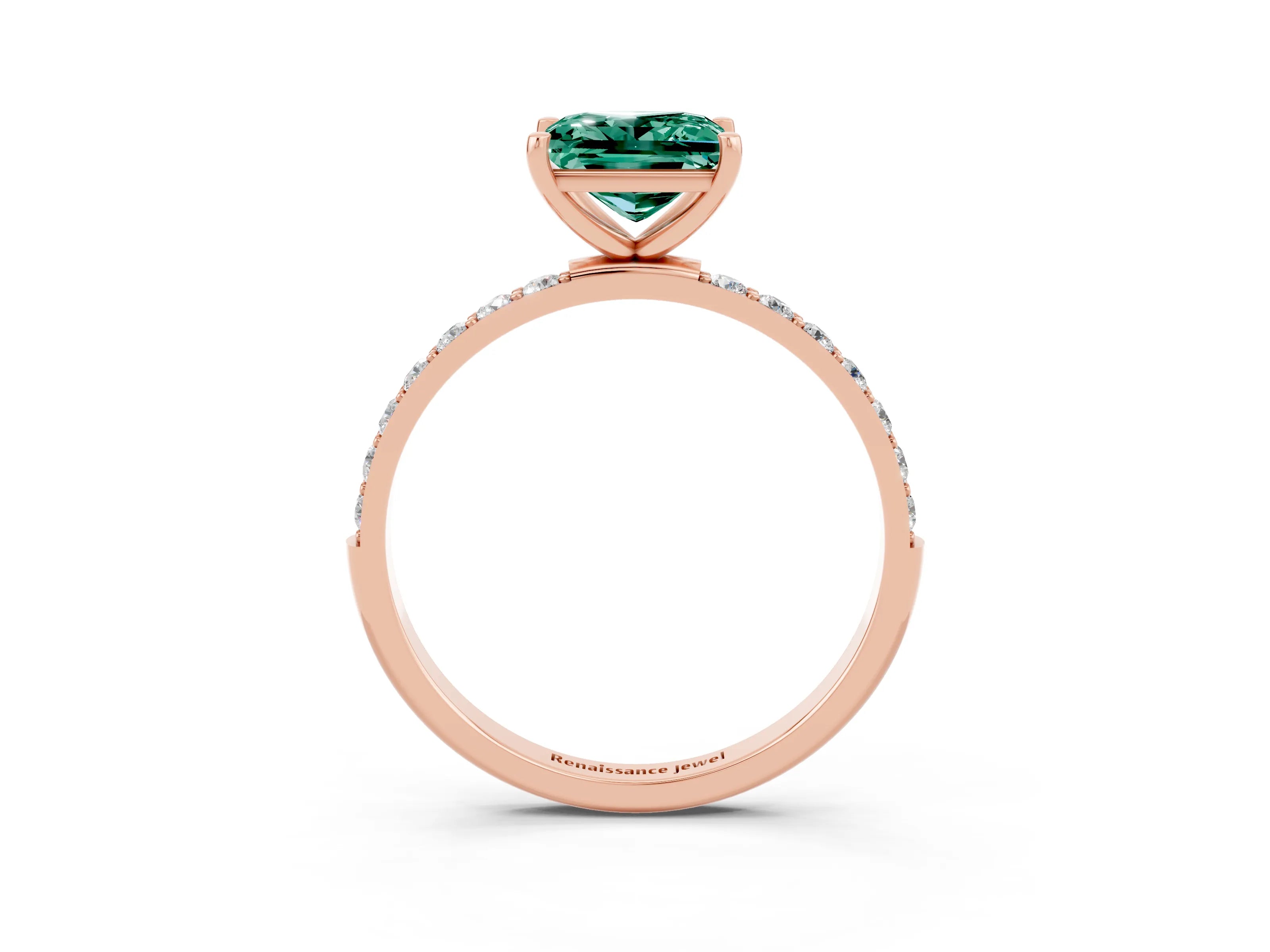 Rose gold Princess Cut Green Sapphire Solitaire Ring with Pave Band and Four Prong Setting_3
