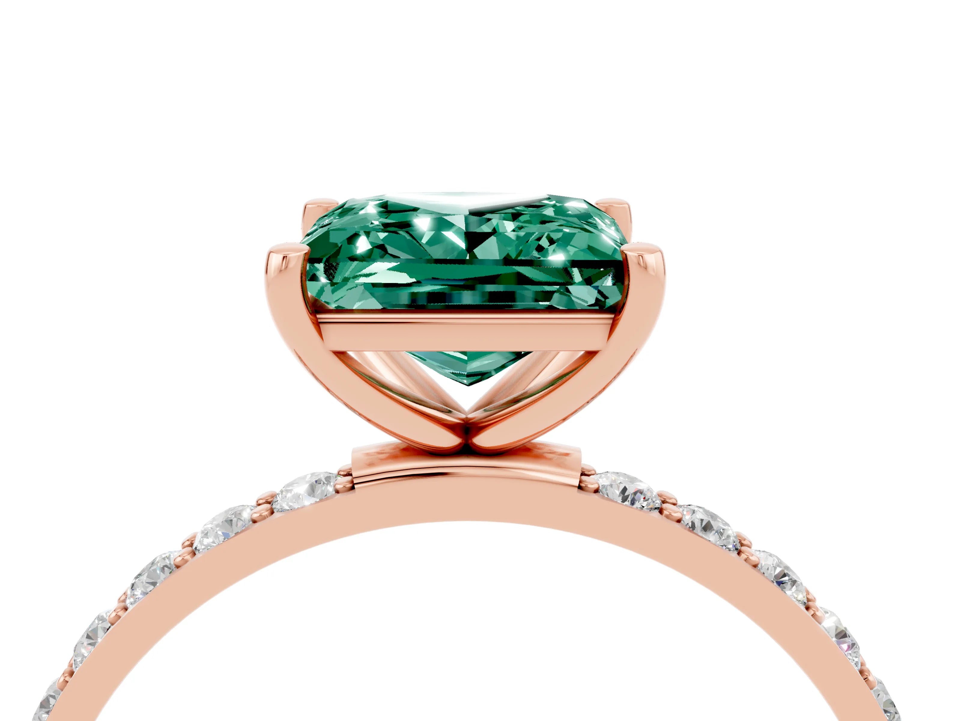 Rose gold Princess Cut Green Sapphire Solitaire Ring with Pave Band and Four Prong Setting_4