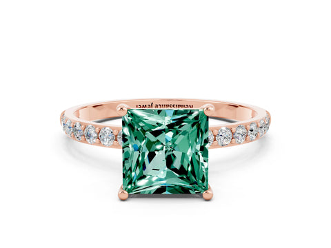 Rose gold Princess Cut Green Sapphire Solitaire Ring with Pave Band and Four Prong Setting