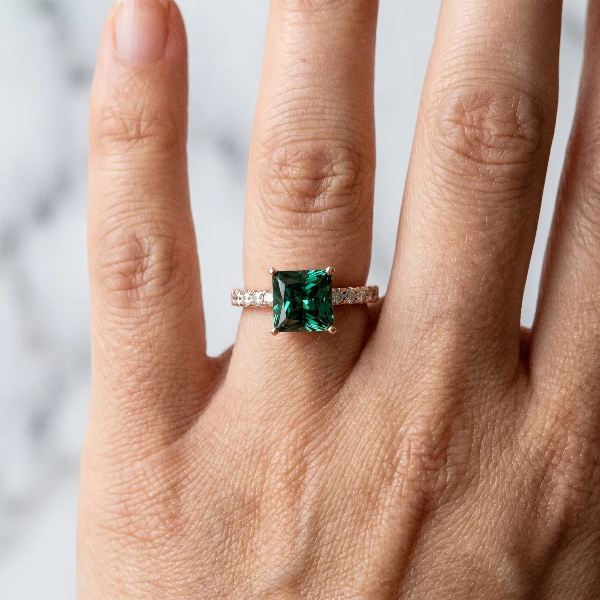 Rose gold Princess Cut Green Sapphire Solitaire Ring with Round  Pavé Band and Four-Prong Setting_42