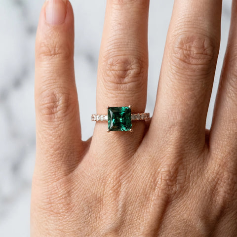 Rose gold Princess Cut Green Sapphire Solitaire Ring with Round  Pavé Band and Four-Prong Setting_42