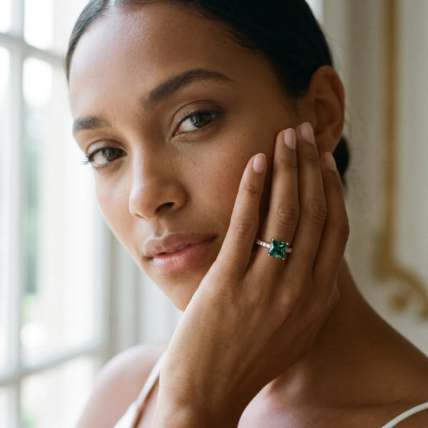 Rose gold Princess Cut Green Sapphire Solitaire Ring with Round  Pavé Band and Four-Prong Setting