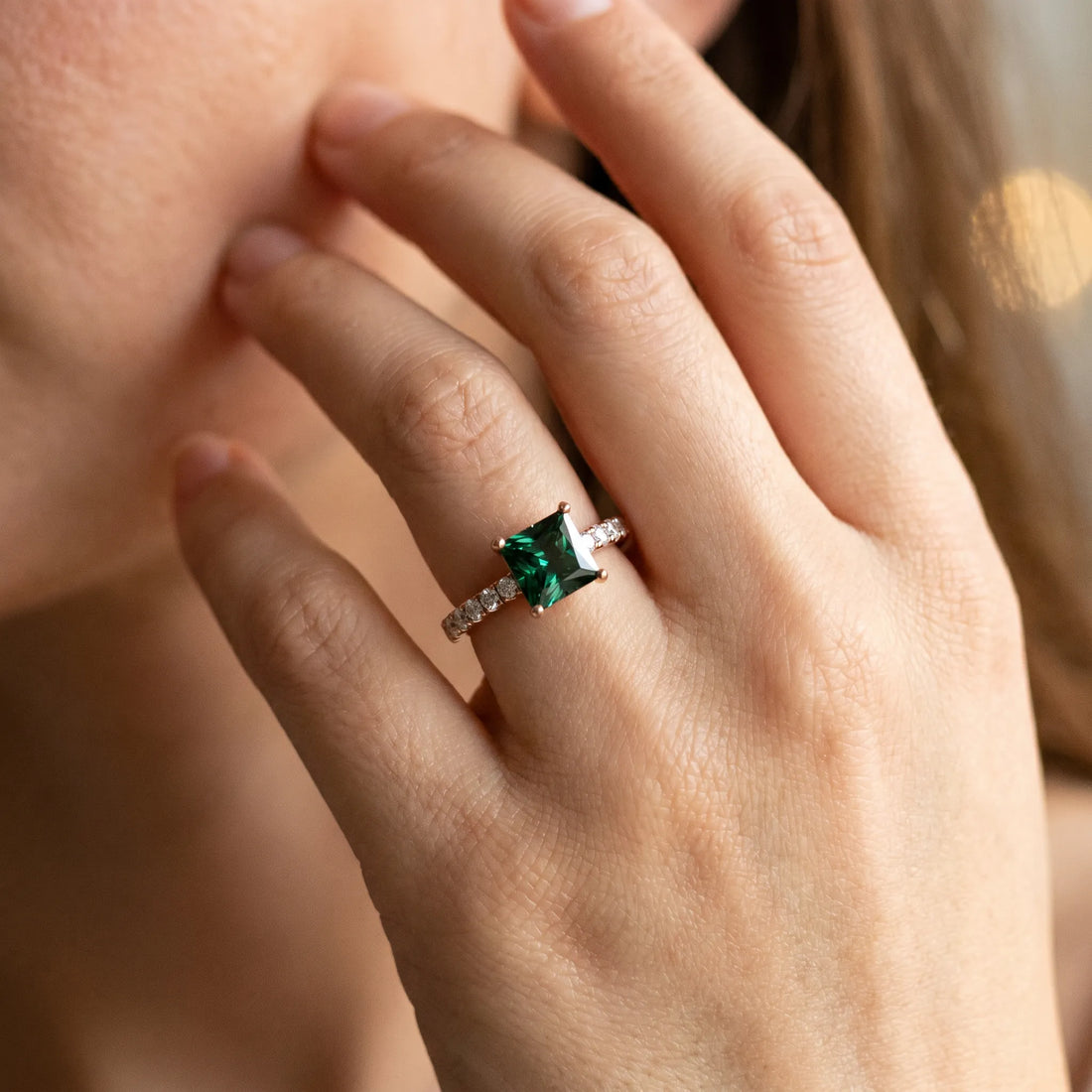 Rose gold Princess Cut Green Sapphire Solitaire Ring with Round  Pavé Band and Four-Prong Setting_44
