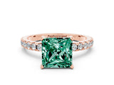 Rose gold Princess Cut Green Sapphire Solitaire Ring with Round  Pavé Band and Four-Prong Setting_44