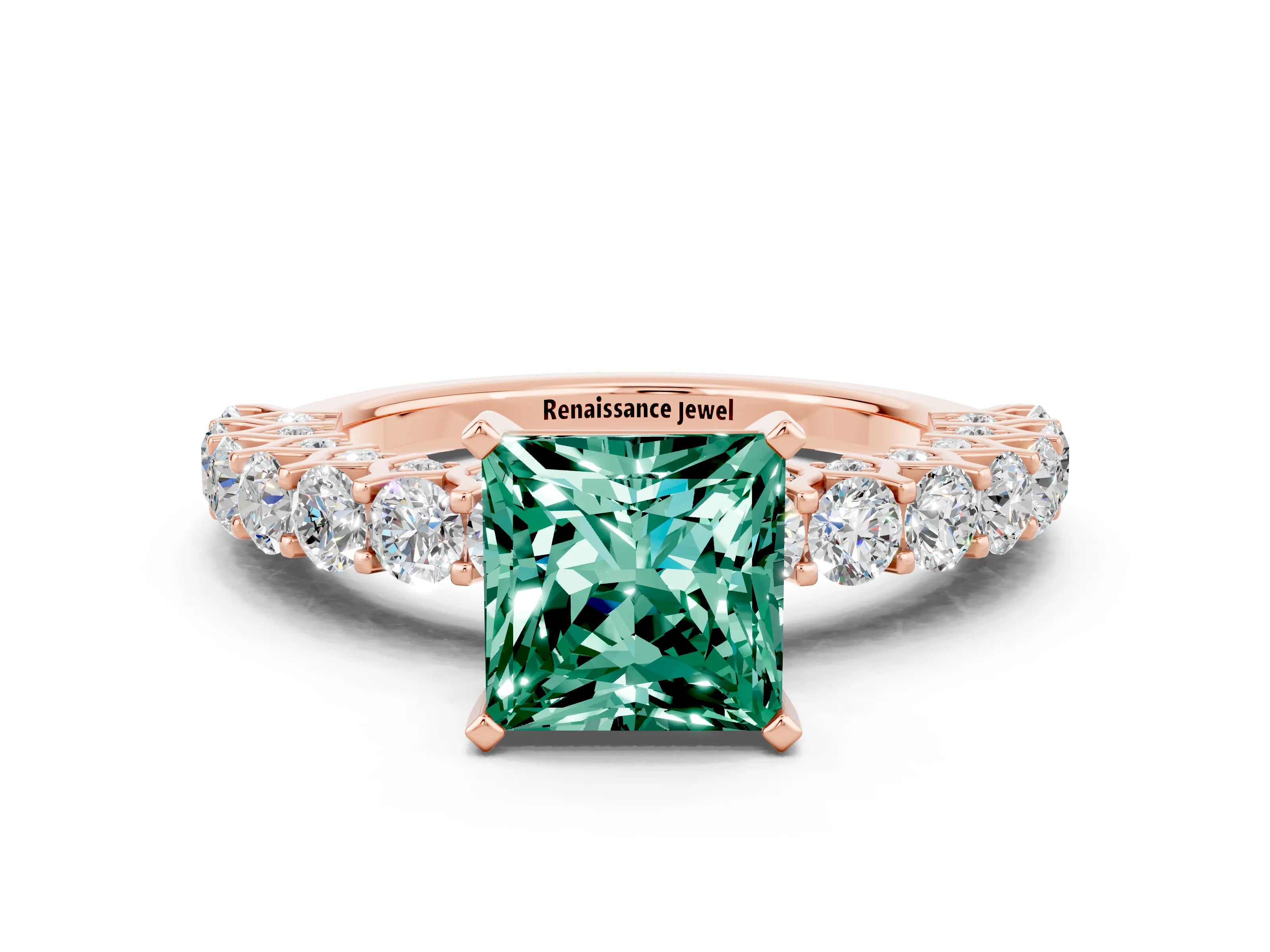 Rose gold Princess Cut Green Sapphire Solitaire Ring with Shared Prong Pavé Band and Four-Prong Setting