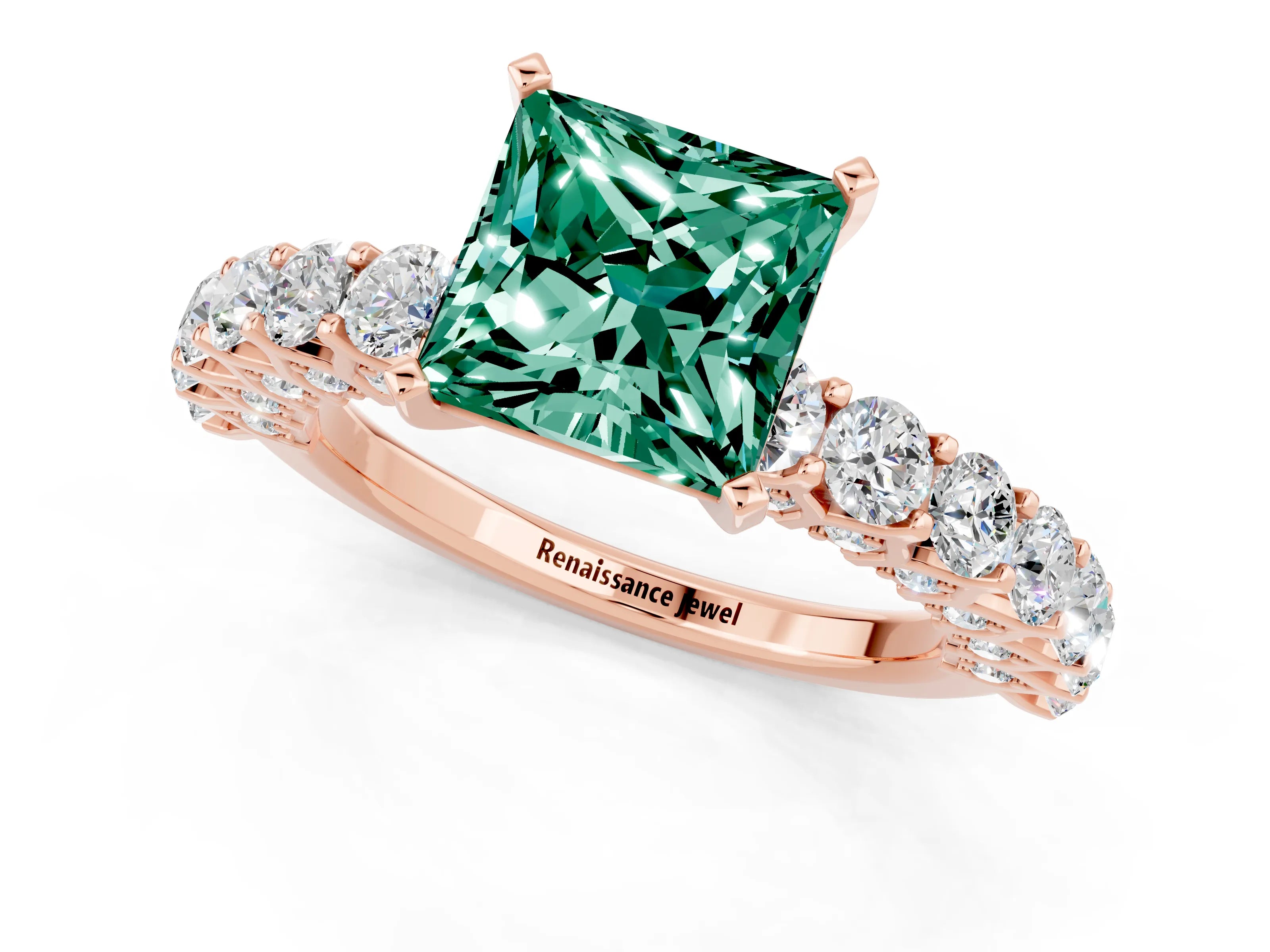 Rose gold Princess Cut Green Sapphire Solitaire Ring with Shared Prong Pavé Band and Four-Prong Setting_1