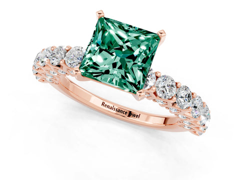Rose gold Princess Cut Green Sapphire Solitaire Ring with Shared Prong Pavé Band and Four-Prong Setting_1