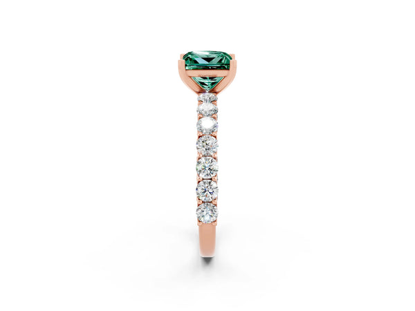 Rose gold Princess Cut Green Sapphire Solitaire Ring with Shared Prong Pavé Band and Four-Prong Setting