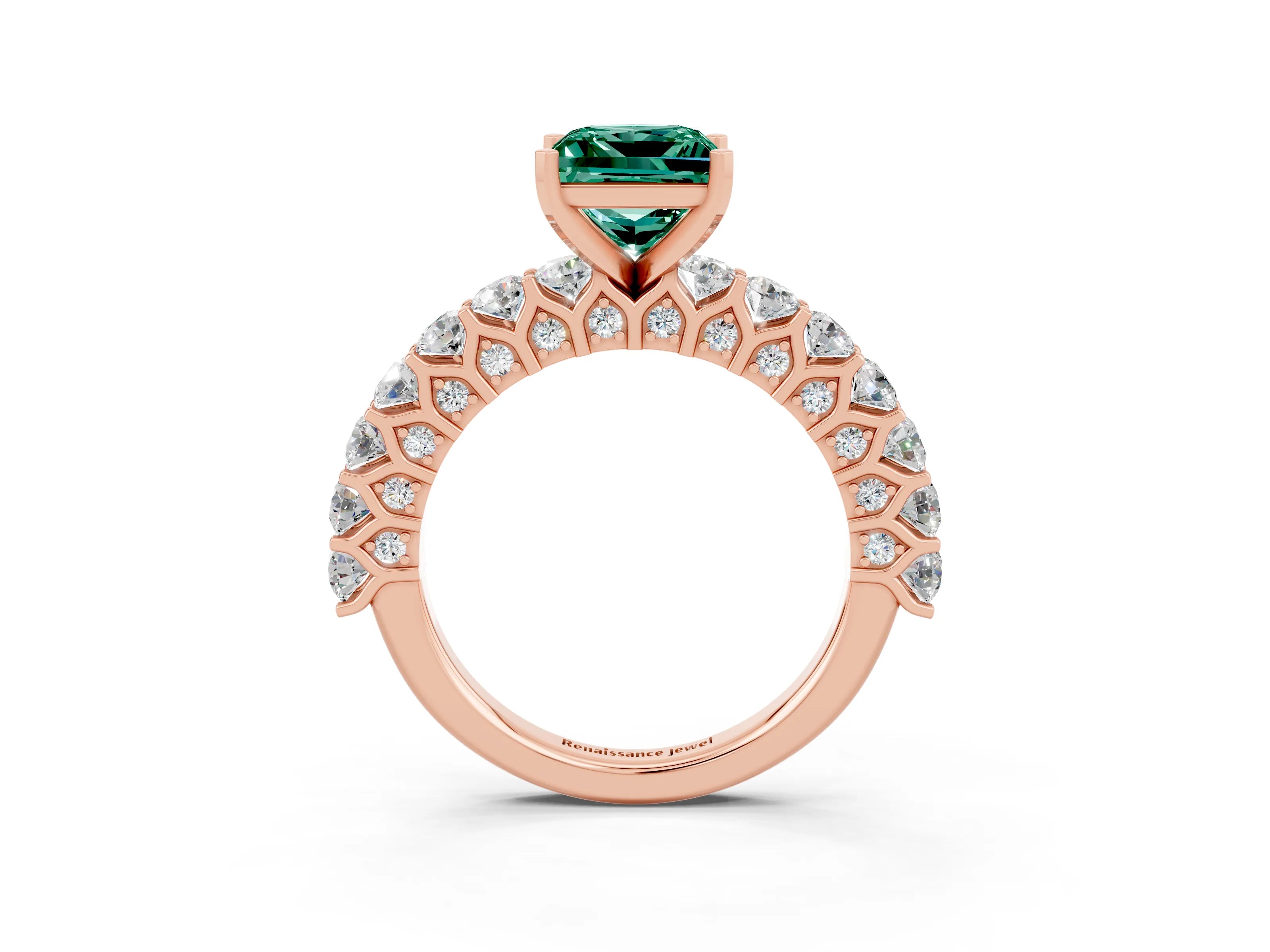 Rose gold Princess Cut Green Sapphire Solitaire Ring with Shared Prong Pavé Band and Four-Prong Setting_3