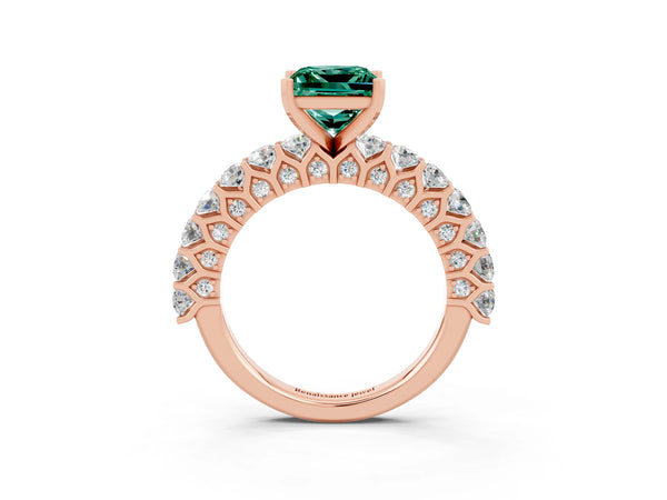 Rose gold Princess Cut Green Sapphire Solitaire Ring with Shared Prong Pavé Band and Four-Prong Setting