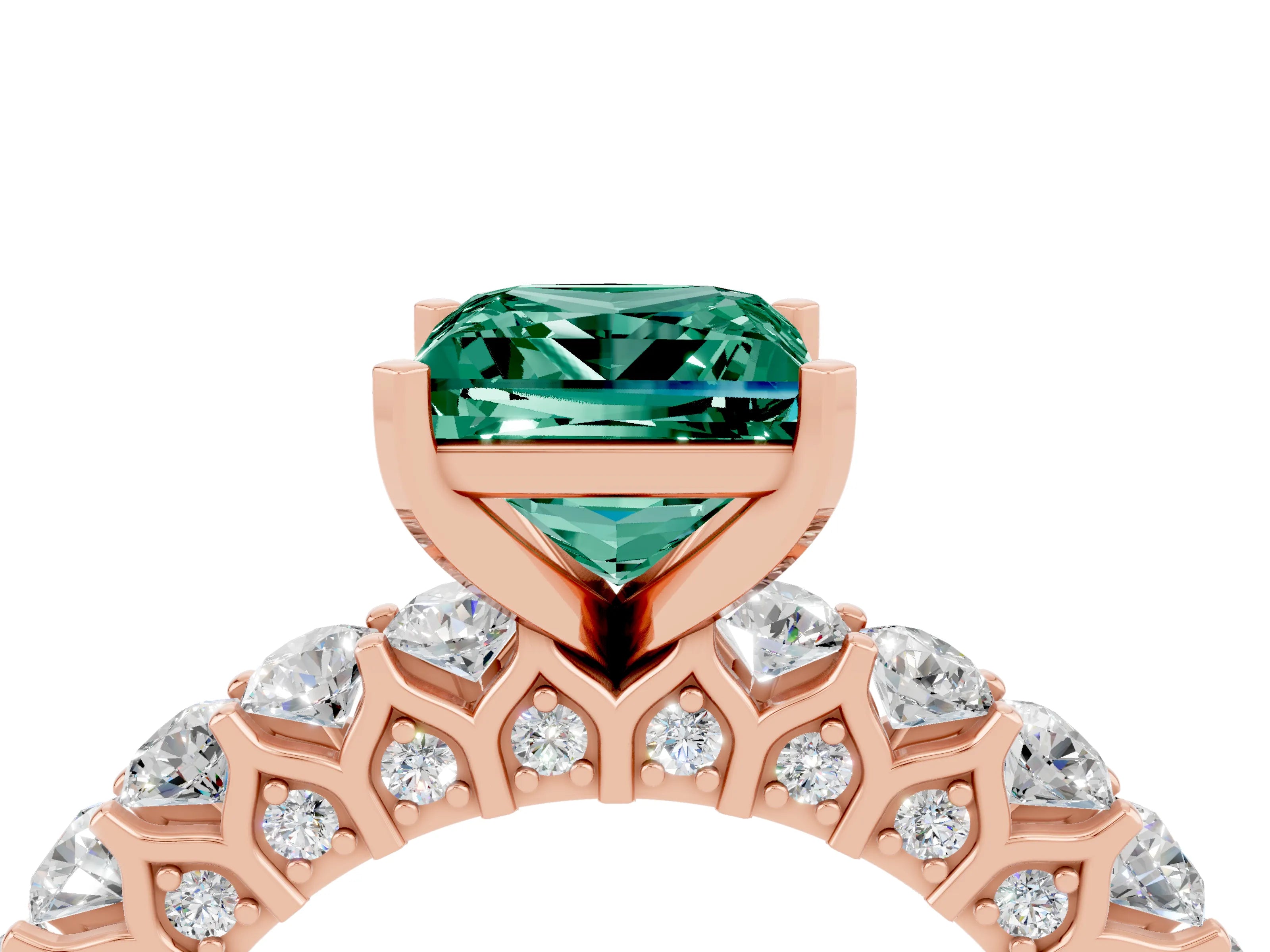 Rose gold Princess Cut Green Sapphire Solitaire Ring with Shared Prong Pavé Band and Four-Prong Setting_4
