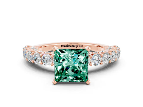 Rose gold Princess Cut Green Sapphire Solitaire Ring with Shared Prong Pavé Band and Four-Prong Setting