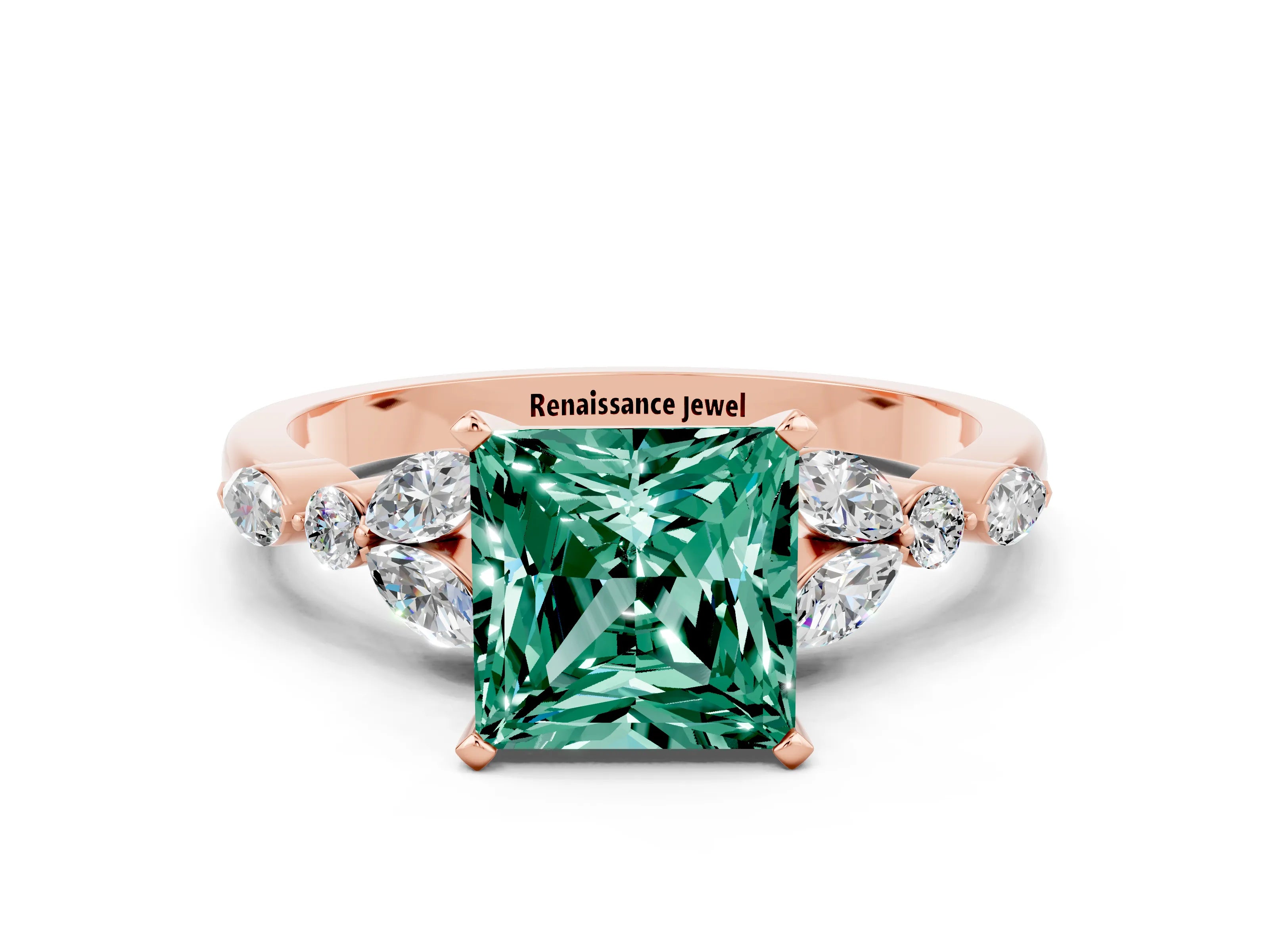 Rose gold Princess Cut Green Sapphire Solitaire Ring with Side Stones and Four-Prong Setting_12
