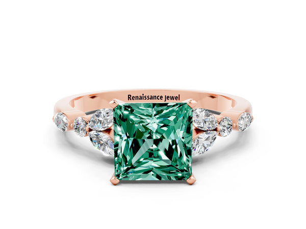 Rose gold Princess Cut Green Sapphire Solitaire Ring with Side Stones and Four-Prong Setting
