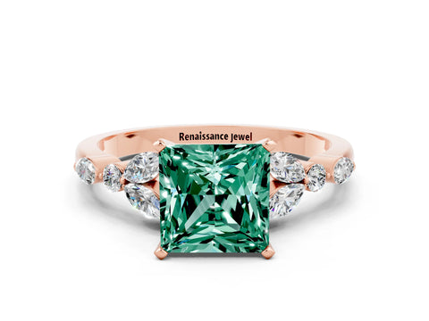 Rose gold Princess Cut Green Sapphire Solitaire Ring with Side Stones and Four-Prong Setting_12