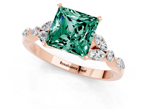Rose gold Princess Cut Green Sapphire Solitaire Ring with Side Stones and Four-Prong Setting_13