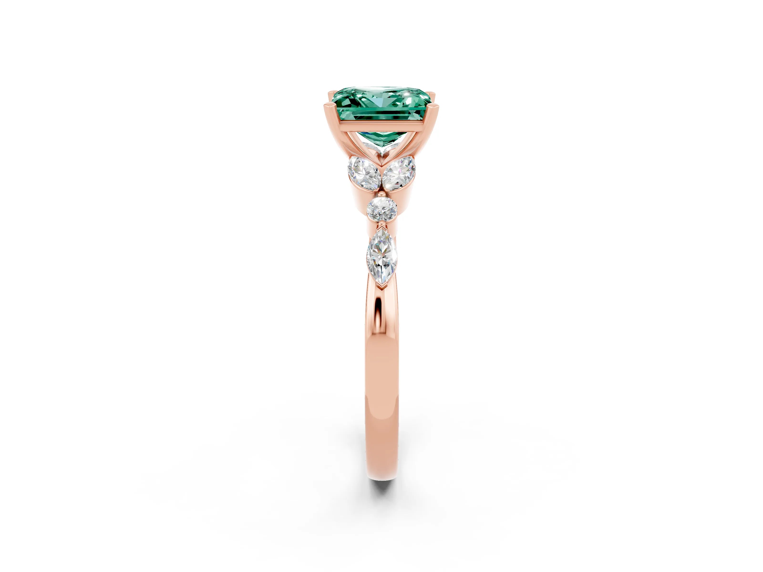Rose gold Princess Cut Green Sapphire Solitaire Ring with Side Stones and Four-Prong Setting_14