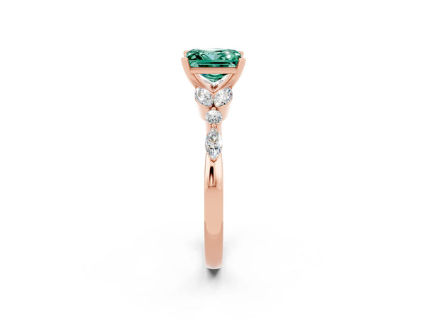 Rose gold Princess Cut Green Sapphire Solitaire Ring with Side Stones and Four-Prong Setting