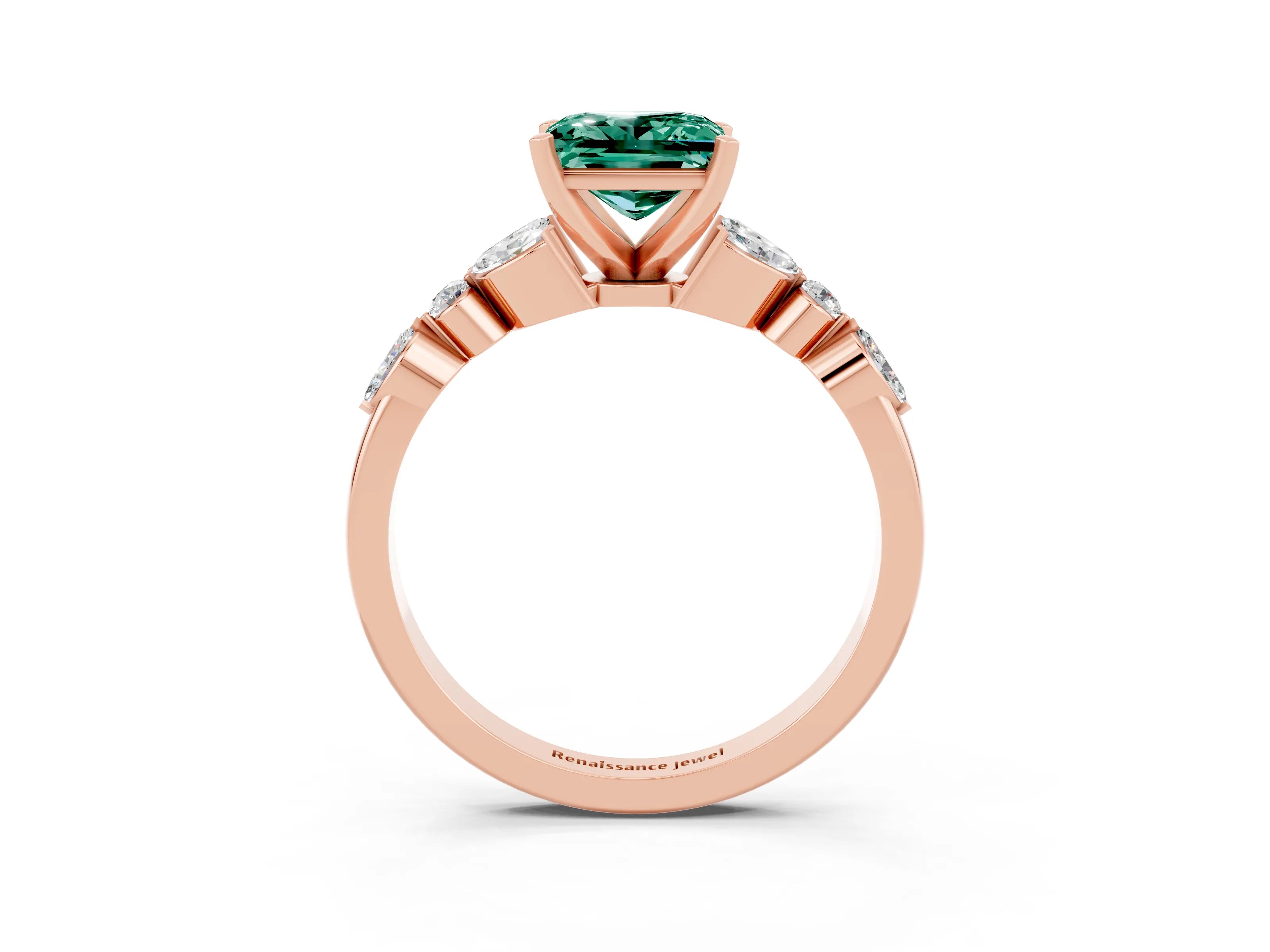 Rose gold Princess Cut Green Sapphire Solitaire Ring with Side Stones and Four-Prong Setting_15