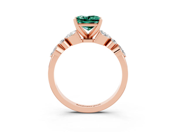 Rose gold Princess Cut Green Sapphire Solitaire Ring with Side Stones and Four-Prong Setting