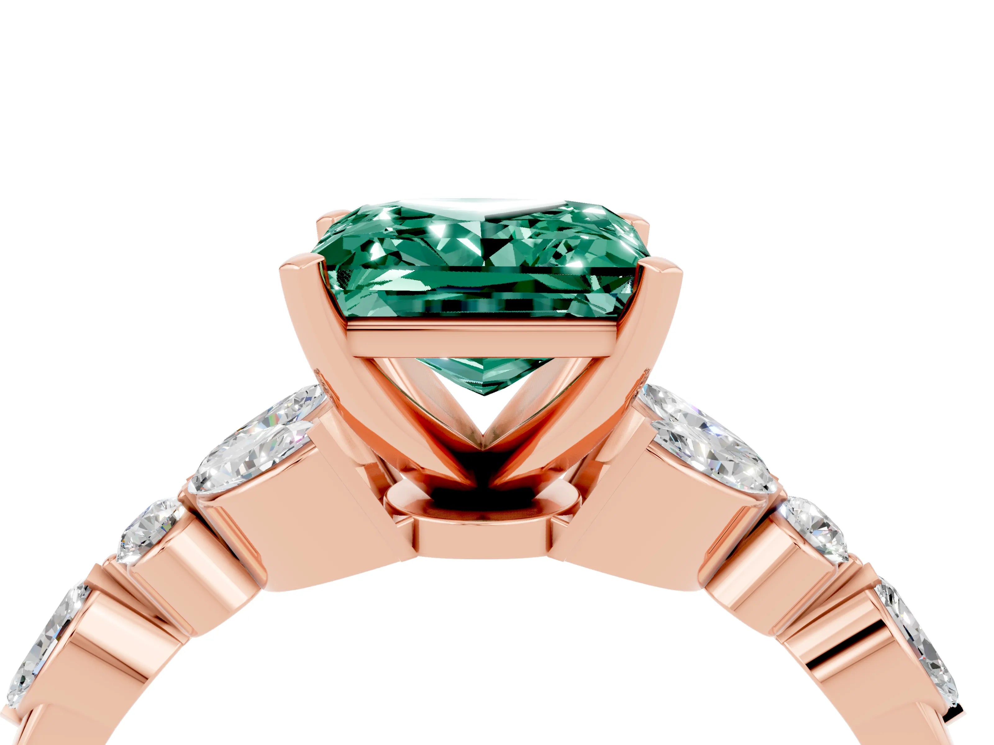 Rose gold Princess Cut Green Sapphire Solitaire Ring with Side Stones and Four-Prong Setting_16