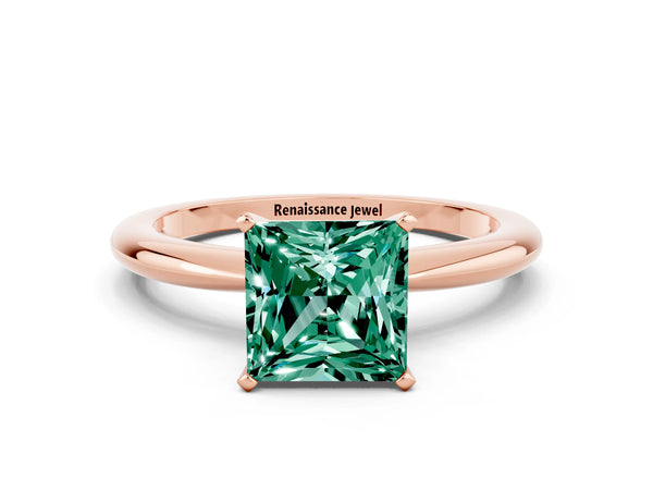 Rose gold Princess Cut Green Sapphire Solitaire Ring with Six-Prong Setting and Classic Band