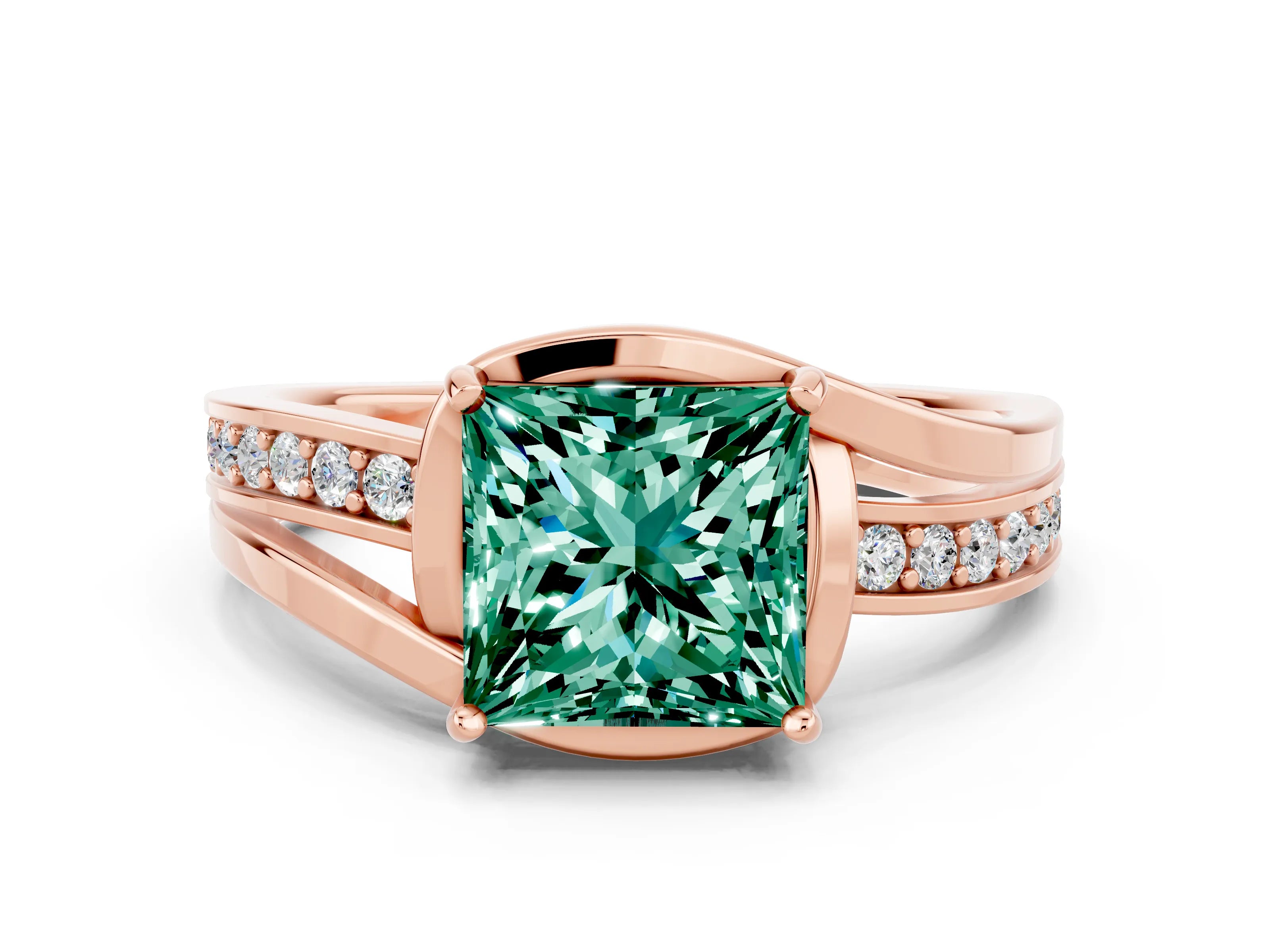 Rose gold Princess Cut Green Sapphire Solitaire Ring with Split Shank and Prong Setting