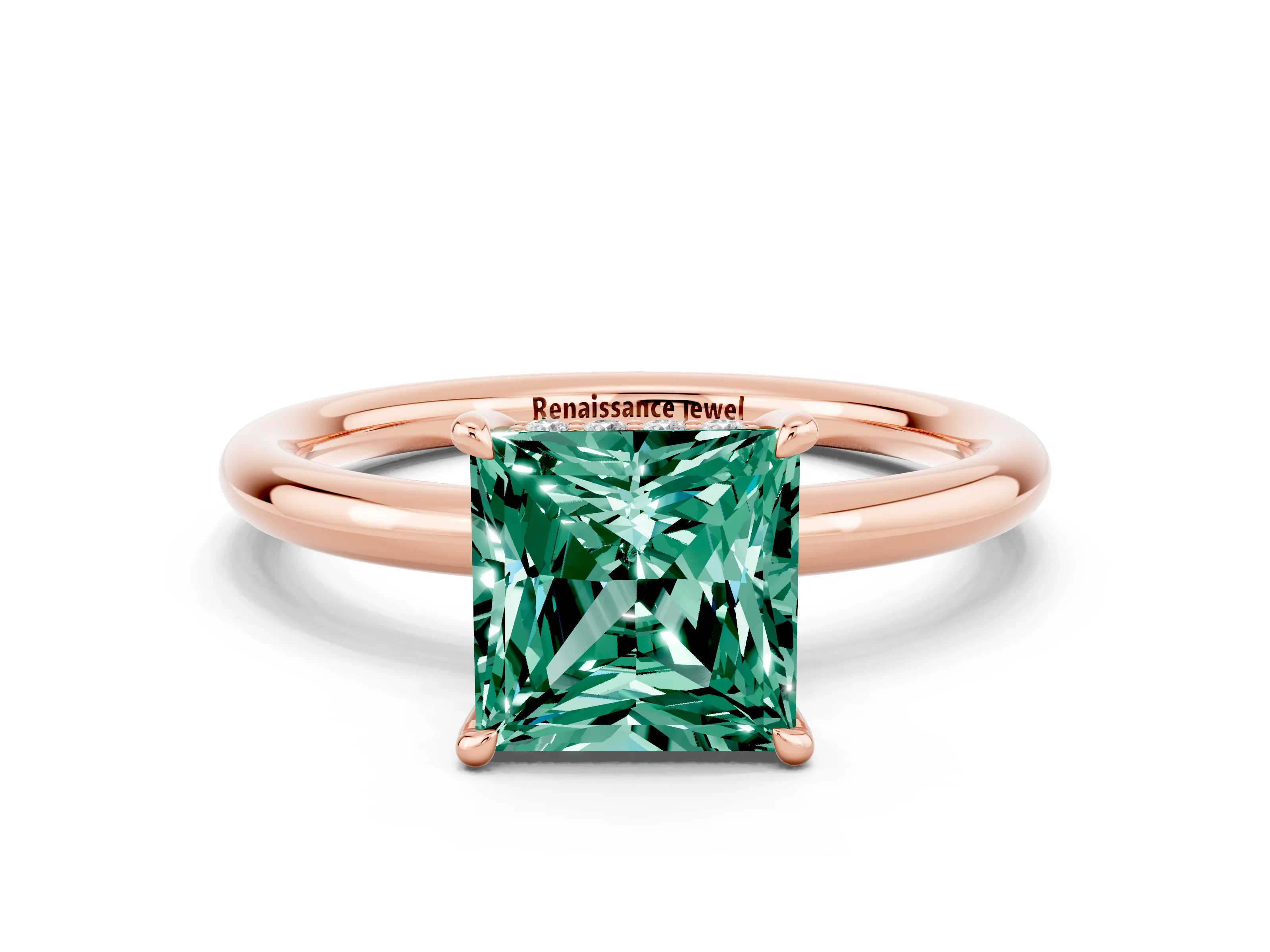 Rose gold Princess Cut Green Sapphire Solitaire Ring with Thin Band and Four-Prong Setting