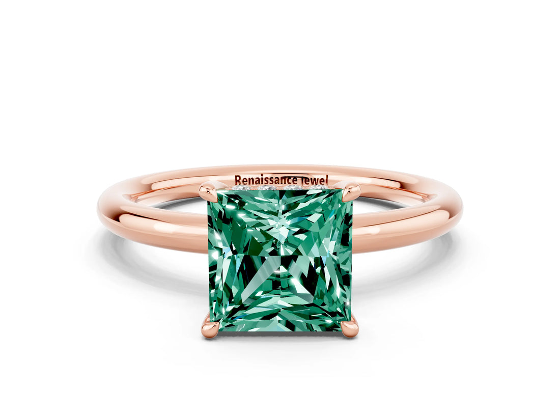 Rose gold Princess Cut Green Sapphire Solitaire Ring with Thin Band and Four-Prong Setting