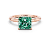Rose gold Princess Cut Green Sapphire Solitaire Ring with Thin Band and Four-Prong Setting