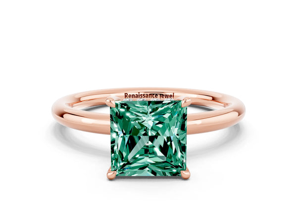 Rose gold Princess Cut Green Sapphire Solitaire Ring with Thin Band and Four-Prong Setting