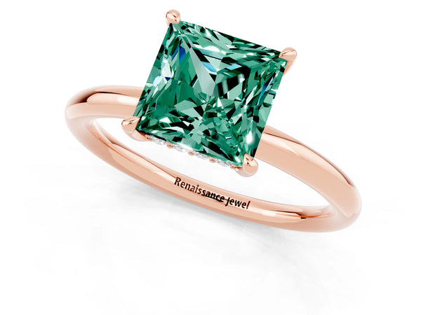 Rose gold Princess Cut Green Sapphire Solitaire Ring with Thin Band and Four-Prong Setting