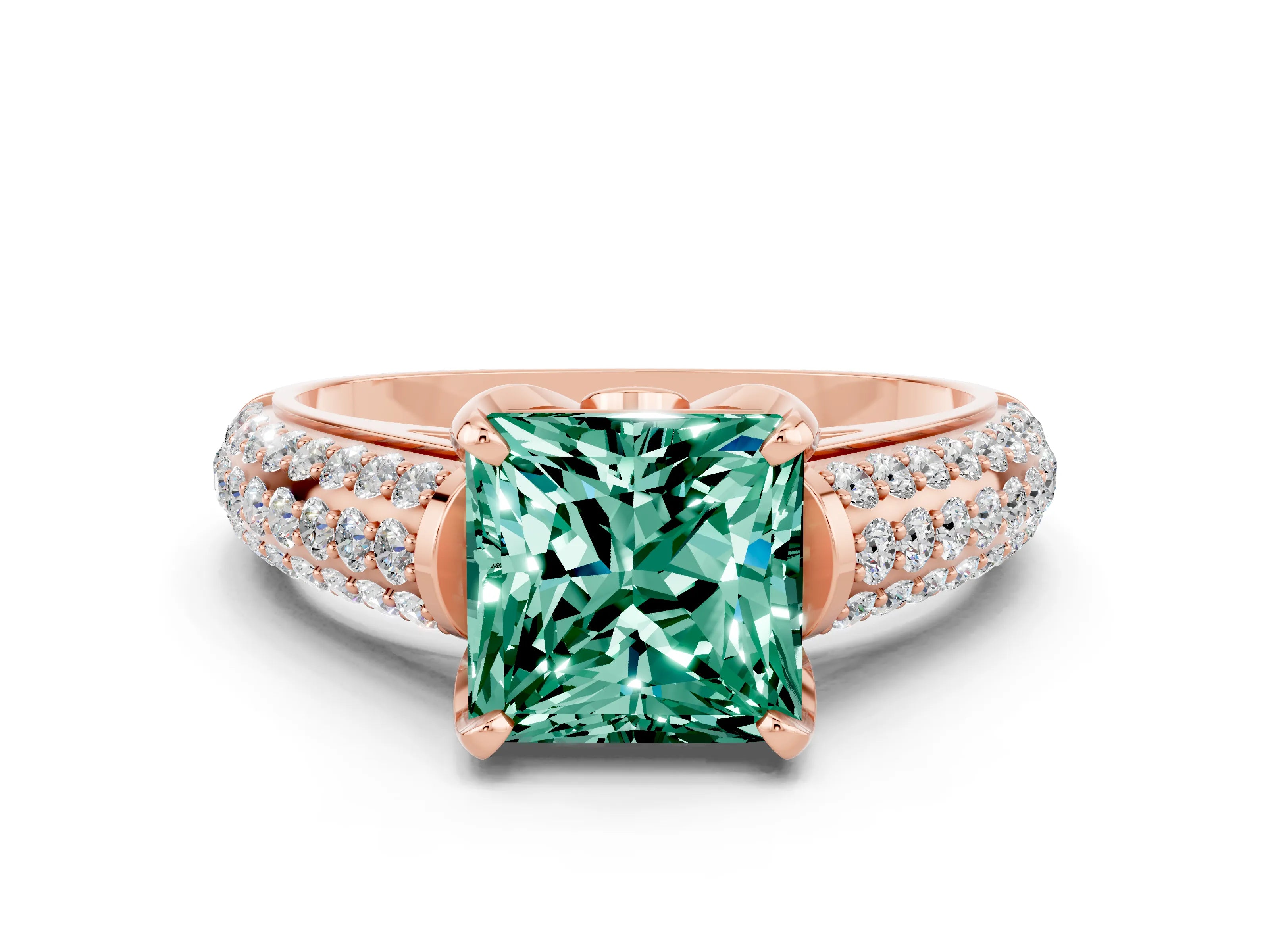 Rose gold Princess Cut Green Sapphire Solitaire Ring with Three-Row Pavé Band and Four-Prong Setting_12
