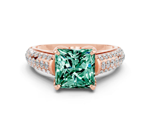 Rose gold Princess Cut Green Sapphire Solitaire Ring with Three-Row Pavé Band and Four-Prong Setting
