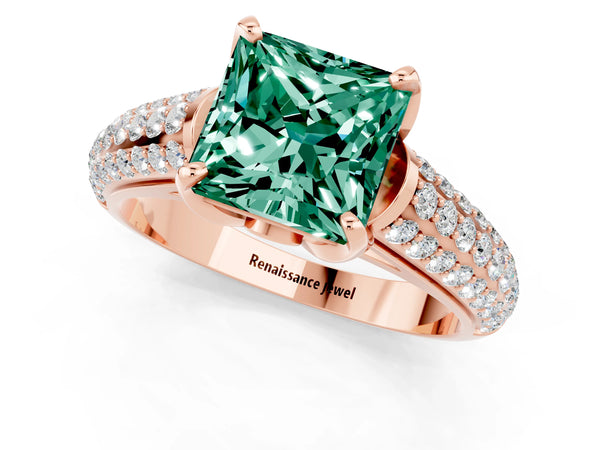 Rose gold Princess Cut Green Sapphire Solitaire Ring with Three-Row Pavé Band and Four-Prong Setting