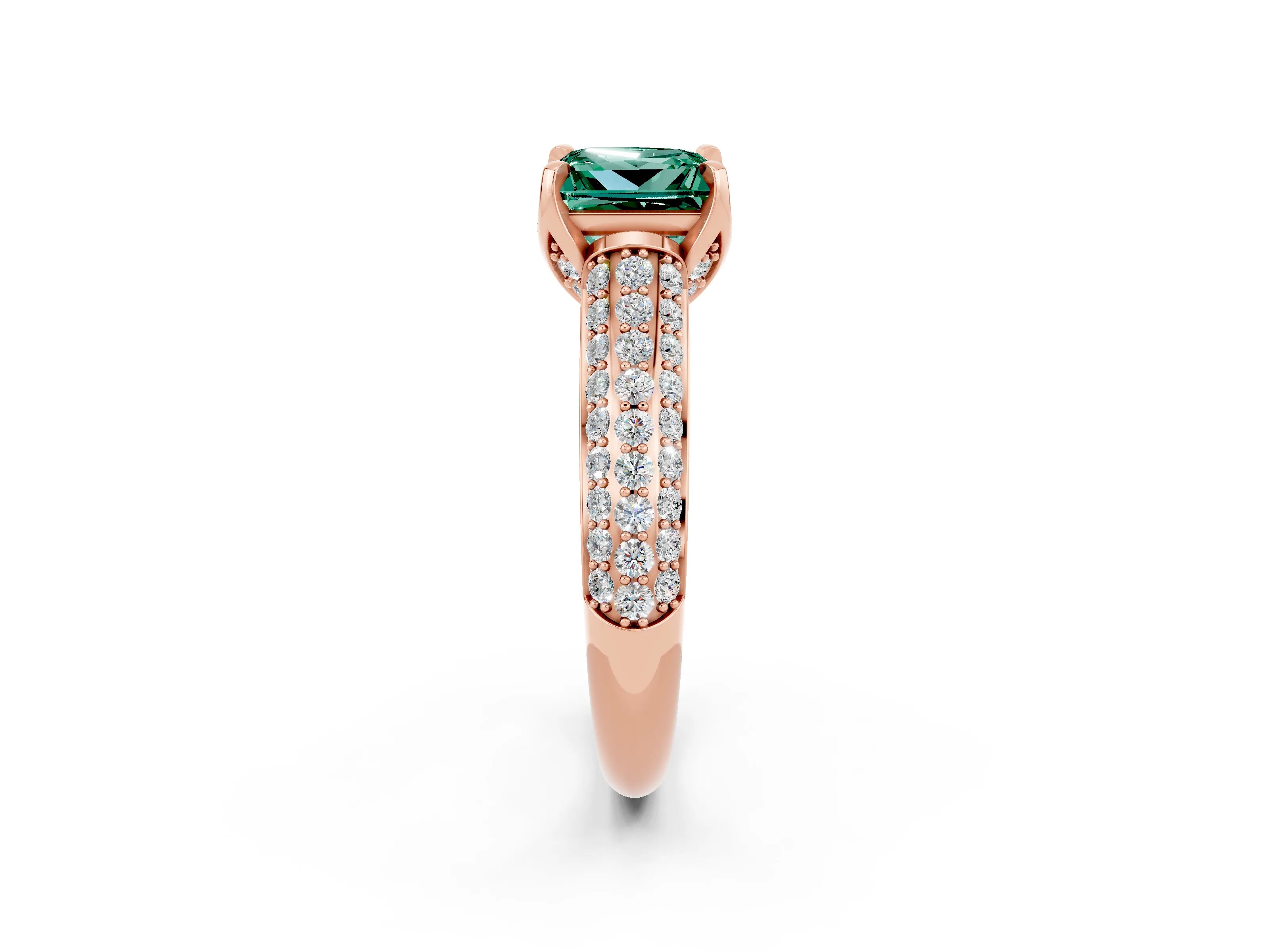 Rose gold Princess Cut Green Sapphire Solitaire Ring with Three-Row Pavé Band and Four-Prong Setting_14