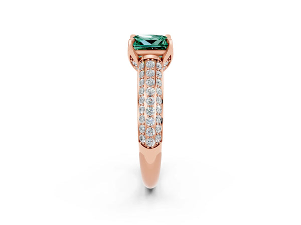 Rose gold Princess Cut Green Sapphire Solitaire Ring with Three-Row Pavé Band and Four-Prong Setting