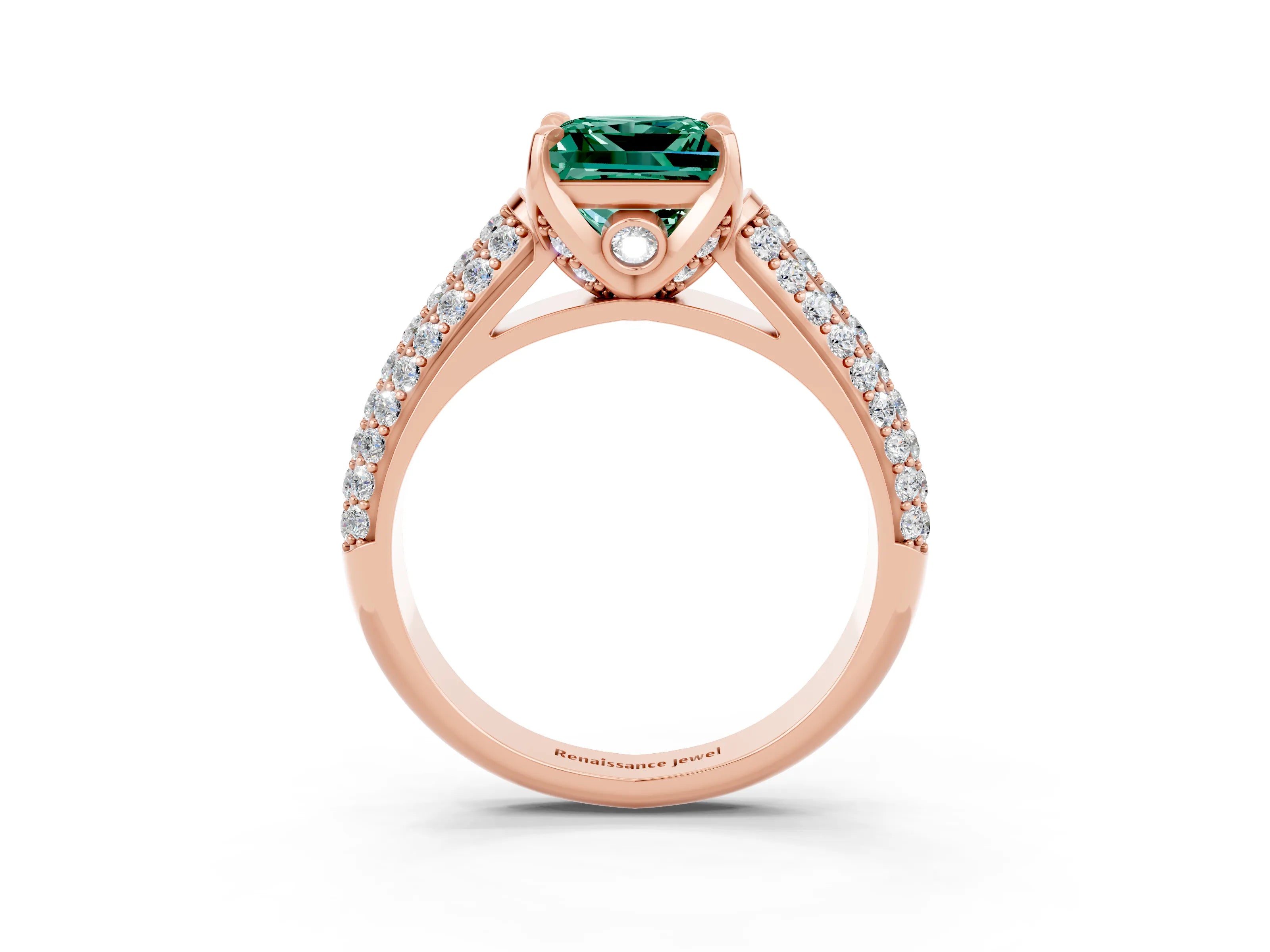 Rose gold Princess Cut Green Sapphire Solitaire Ring with Three-Row Pavé Band and Four-Prong Setting_15