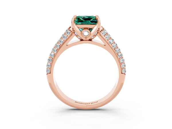 Rose gold Princess Cut Green Sapphire Solitaire Ring with Three-Row Pavé Band and Four-Prong Setting