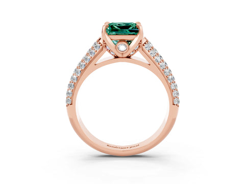 Rose gold Princess Cut Green Sapphire Solitaire Ring with Three-Row Pavé Band and Four-Prong Setting_15
