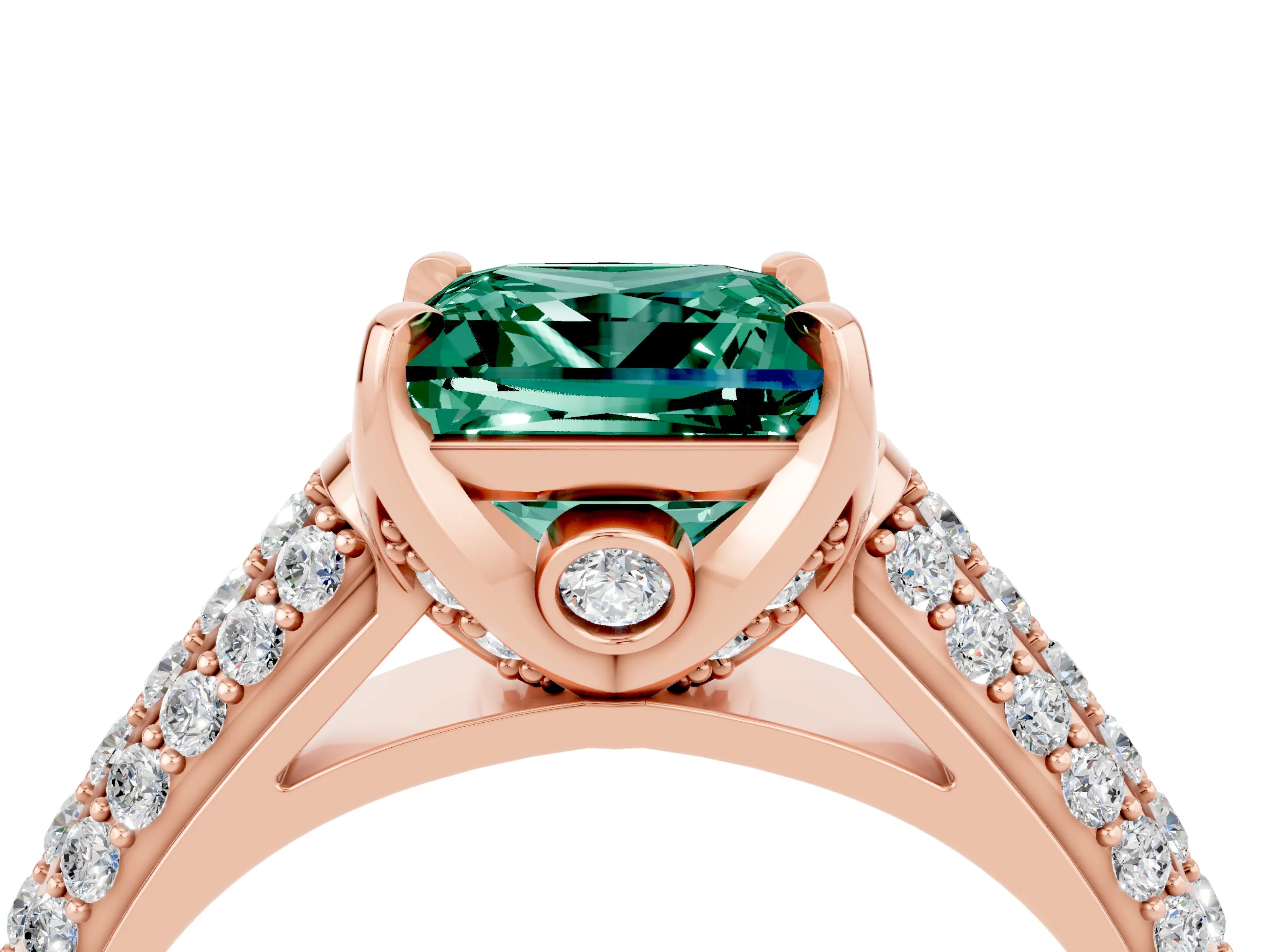 Rose gold Princess Cut Green Sapphire Solitaire Ring with Three-Row Pavé Band and Four-Prong Setting_16