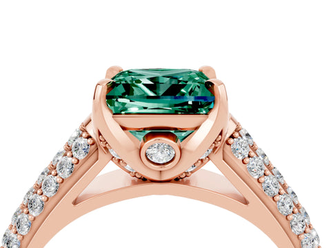 Rose gold Princess Cut Green Sapphire Solitaire Ring with Three-Row Pavé Band and Four-Prong Setting_16